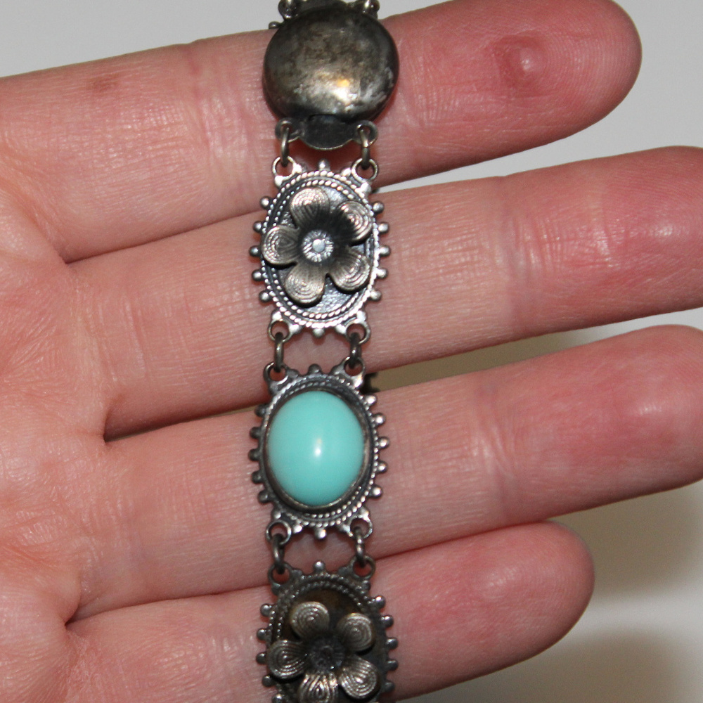 Vtg Flower Bracelet Turquoise Glass Silver Tone